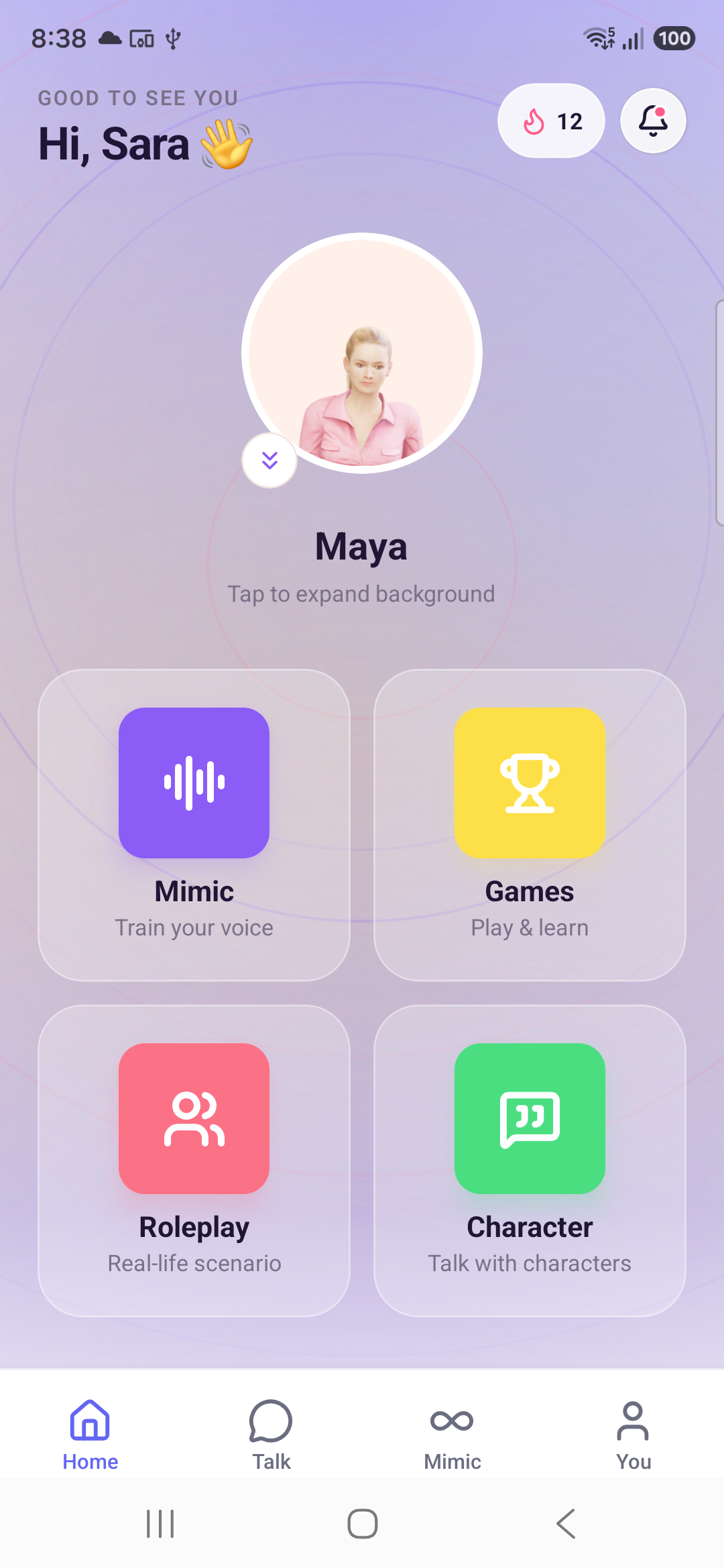Mimica home screen